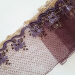 Dentelle brodée miroir 2m prune/jaune en voile pour lingerie