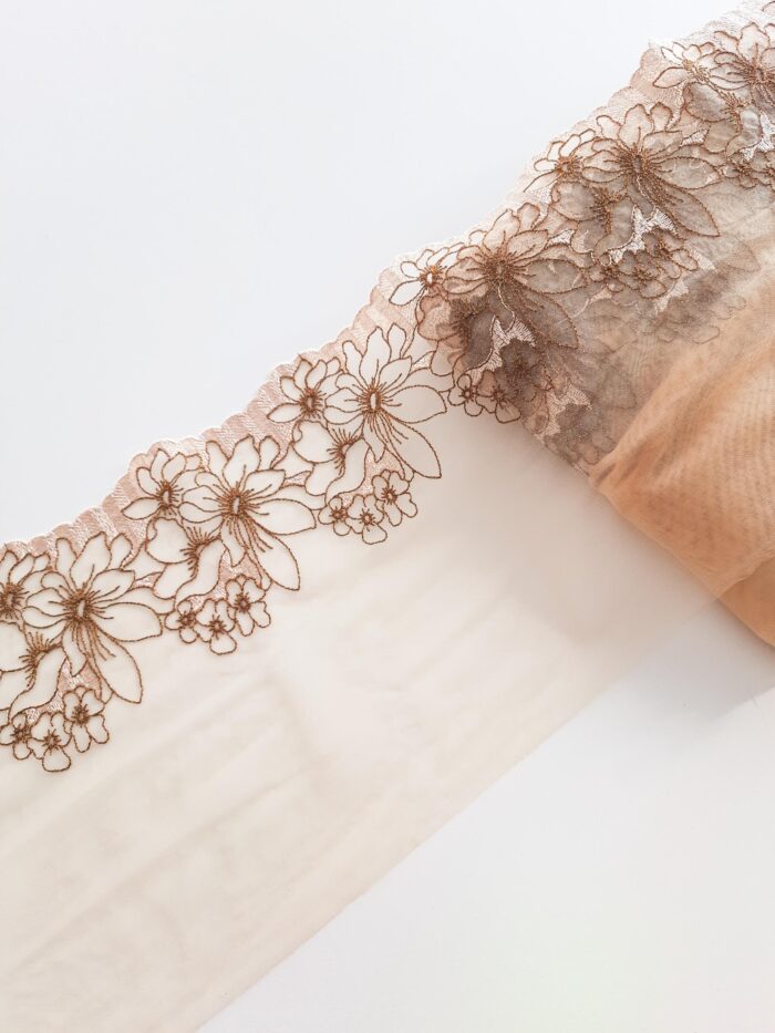 Juego de 2 m de encaje de gasa bordado beige con espejo para coser ropa interior, encaje floral bordado para hacer sujetadores - Imagen 1
