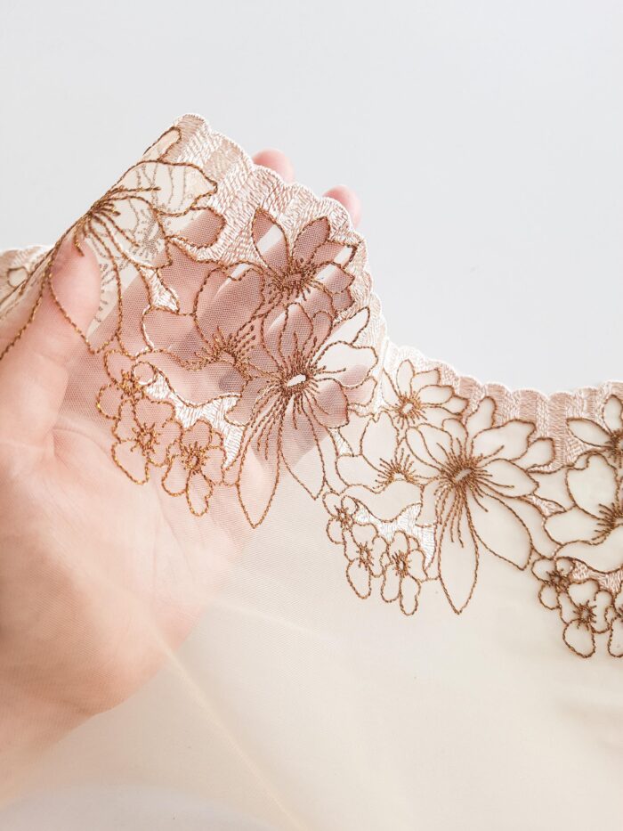 Juego de 2 m de encaje de gasa bordado beige con espejo para coser ropa interior, encaje floral bordado para hacer sujetadores - Imagen 4