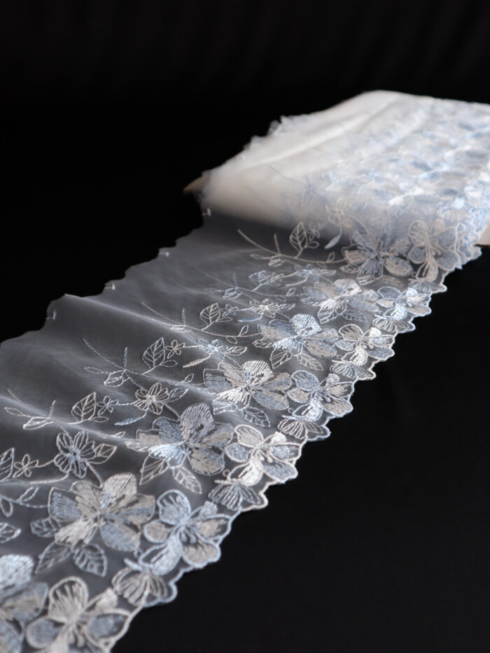Ensemble de 2 m de dentelle de voile brodée blanche/bleue à effet miroir pour la couture de sous-vêtements, dentelle florale brodée pour la fabrication de soutiens-gorge – Image 3