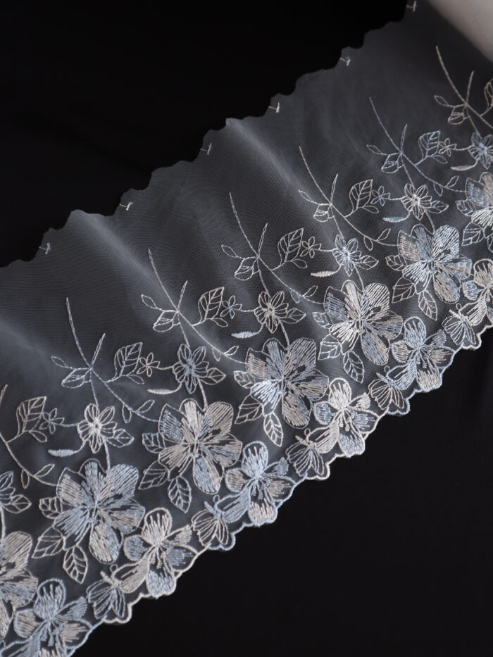 Ensemble de 2 m de dentelle de voile brodée blanche/bleue à effet miroir pour la couture de sous-vêtements, dentelle florale brodée pour la fabrication de soutiens-gorge – Image 4