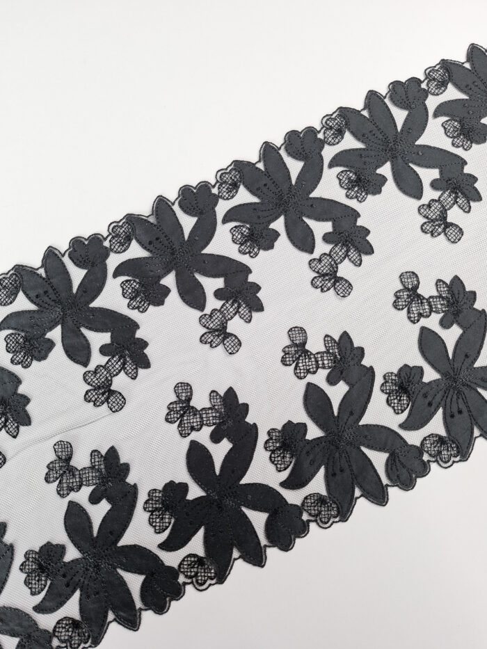 pizzo floreale ricamato nero per cucito lingerie, larghezza 23,0 cm/9,05" - immagine 3