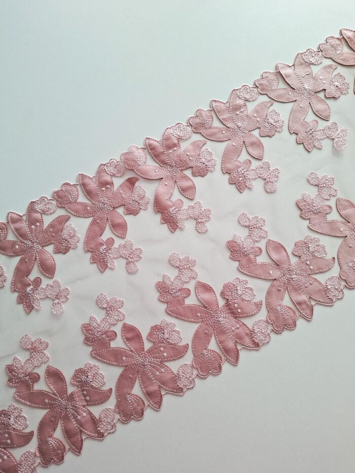 pizzo floreale ricamato rosa per cucire lingerie, larghezza 23,0 cm/9,05" - immagine 3