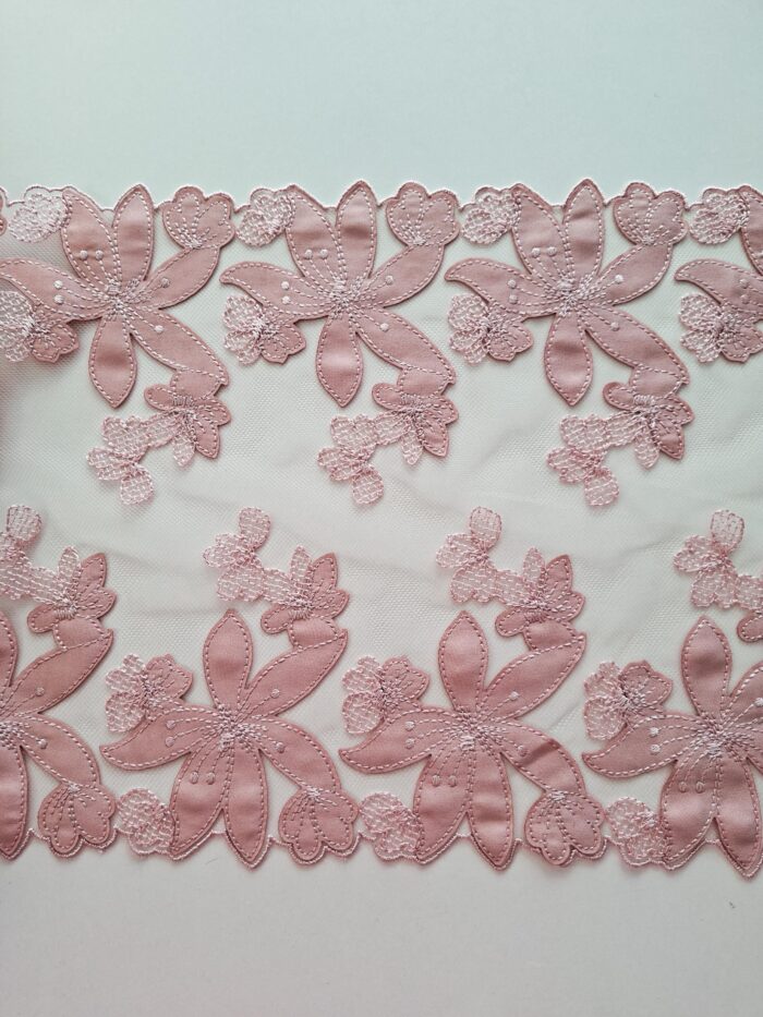 pizzo floreale ricamato rosa per cucire lingerie, larghezza 23,0 cm/9,05" - immagine 2