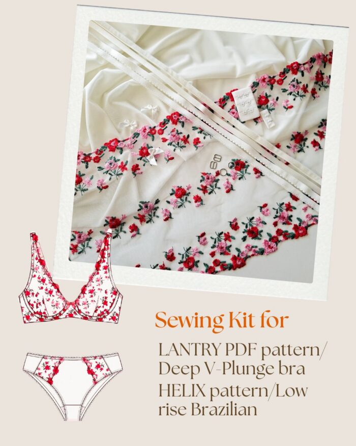 Complete lingerie sewing kit in antique white for LANTRY bra and HELIX brazilian patterns — embroidered lace, underwires and silver findings