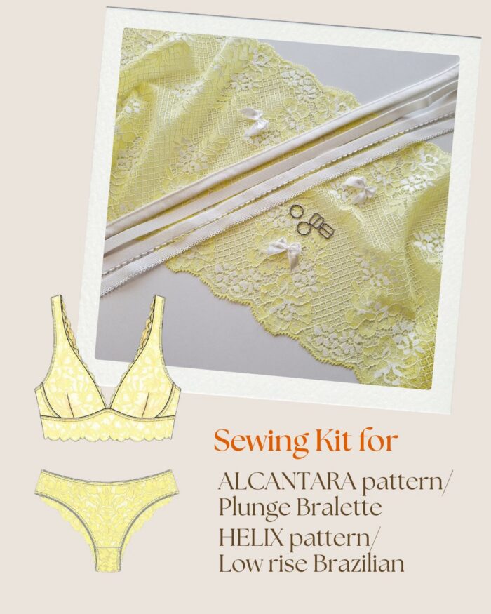 Complete lingerie sewing kit for ALCANTARA bralette and HELIX brazilian patterns — lace, elastics and silver findings